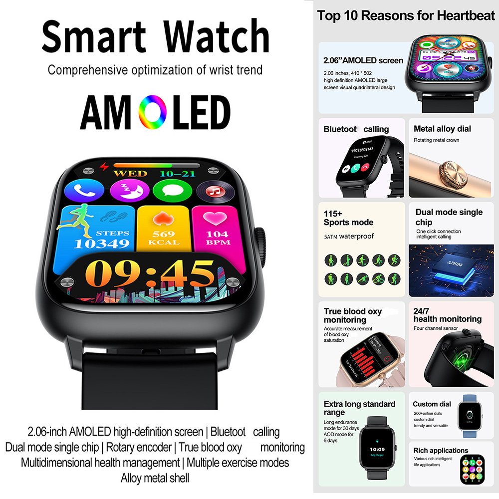 Luxury AMOLED screen Rotatable control smartwatch BT calling heart rate monitor watch sport wrist smart watch men